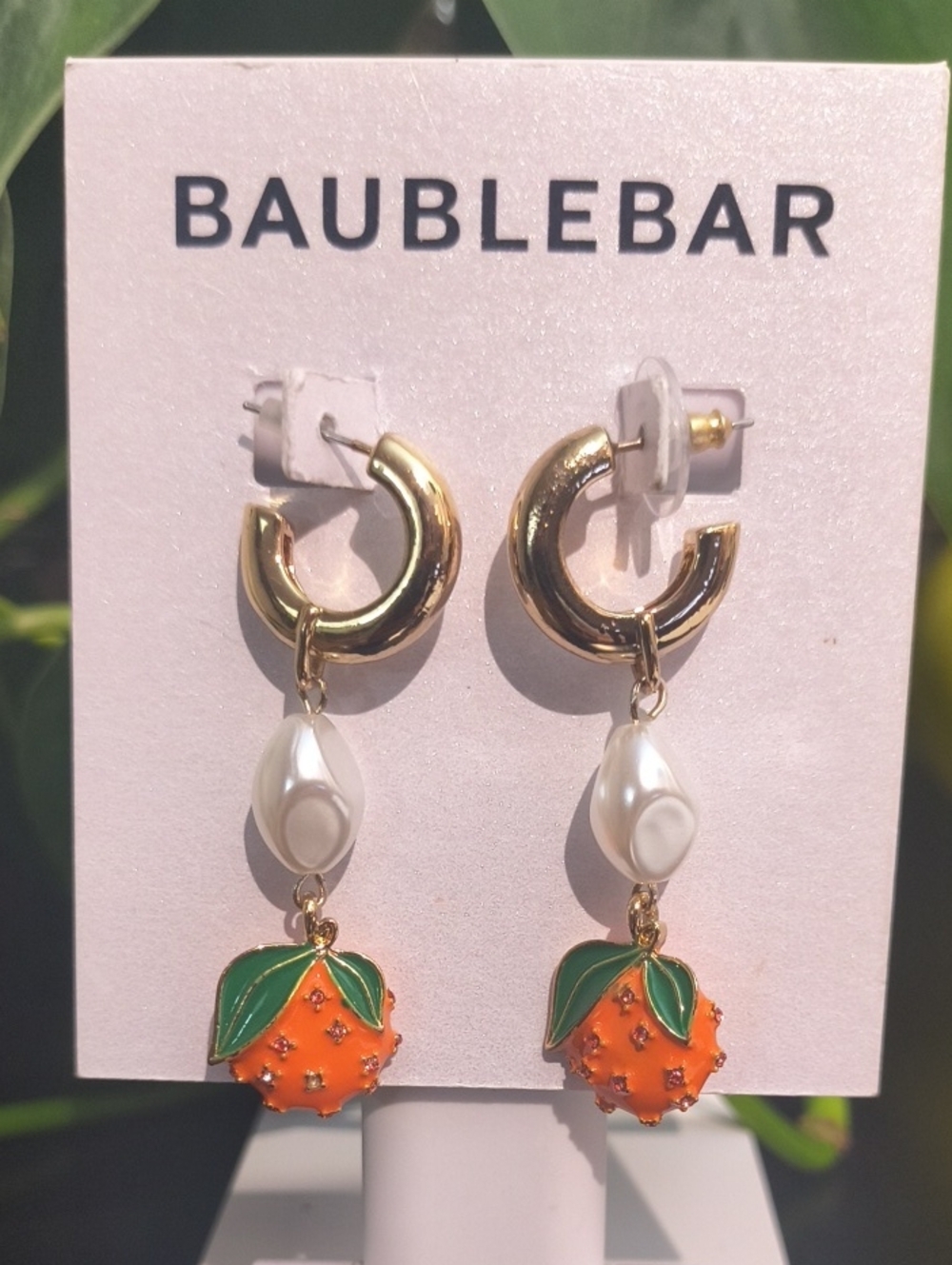 BaubleBar Gold Hoop Earrings White Pearls & Orange Enamel Fruit Charms NWT